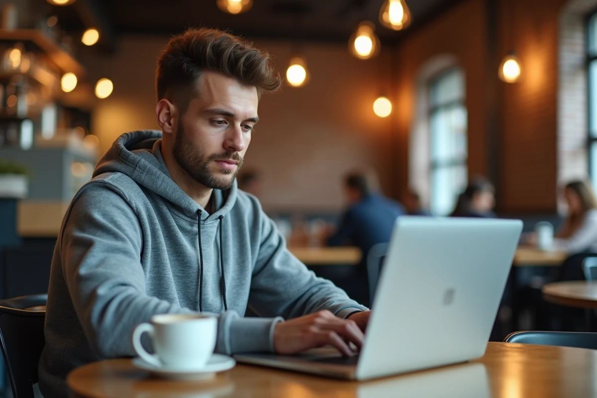 Jeune homme se connectant à l'espace affilié Sécuritest depuis un café avec son ordinateur portable