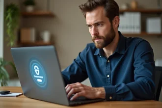 Homme professionnel accédant à un espace affilié en ligne sur son ordinateur portable dans un bureau à domicile