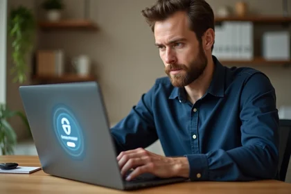 Homme professionnel accédant à un espace affilié en ligne sur son ordinateur portable dans un bureau à domicile