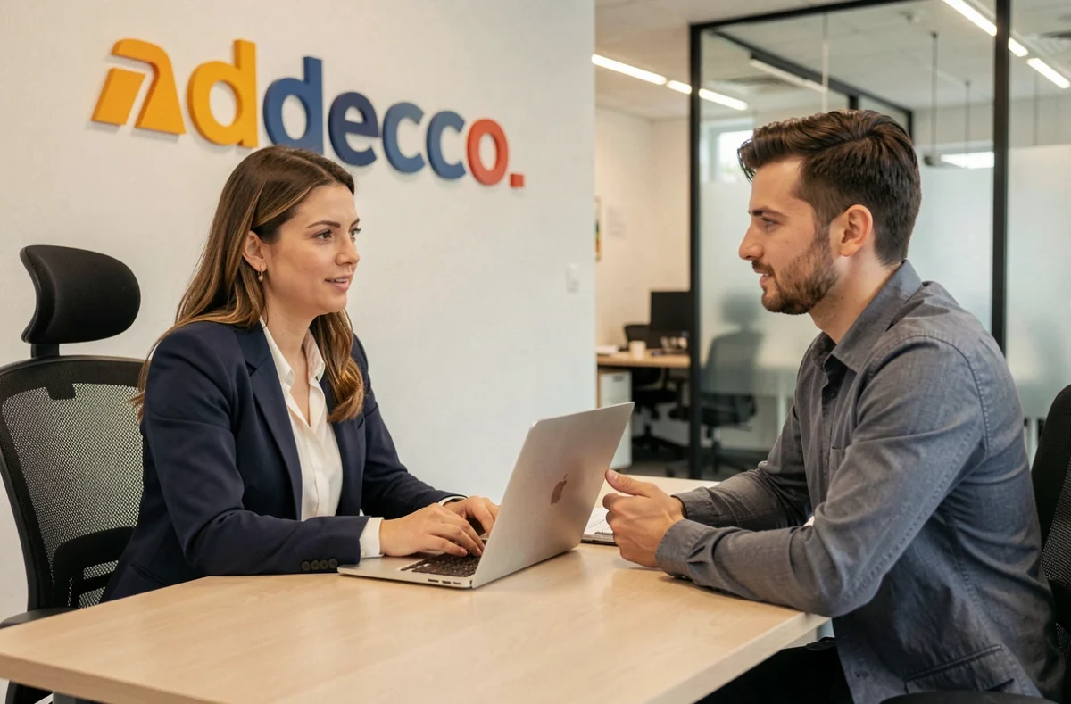 Conseillère Adecco en entretien de recrutement avec un candidat dans une agence de Seine-Saint-Denis