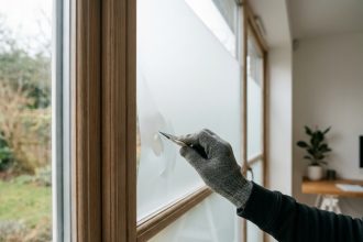 Pose d'un adhésif vitrage dépoli translucide sur une fenêtre de bureau à domicile, main gantée lissant le film avec vue floue sur jardin extérieur