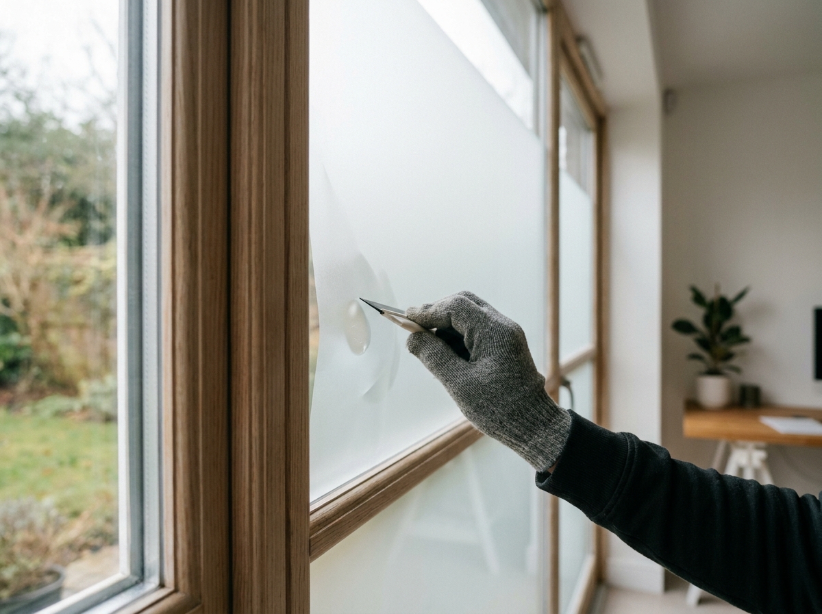 Pose d'un adhésif vitrage dépoli translucide sur une fenêtre de bureau à domicile, main gantée lissant le film avec vue floue sur jardin extérieur
