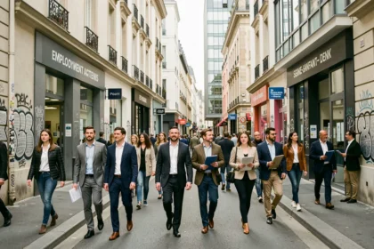 Vue d'ensemble d'une rue animée de Seine-Saint-Denis avec des candidats à l'emploi devant des agences d'intérim