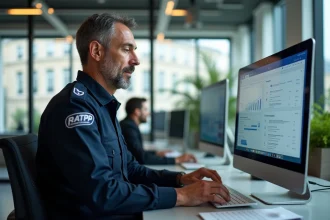 Agent RATP en uniforme consultant le portail intranet Urbanweb sur son ordinateur de bureau dans un open space moderne à Paris