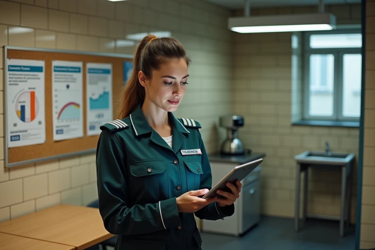 Agente RATP consultant l'intranet Urbanweb sur une tablette dans la salle de pause d'une station de métro parisienne