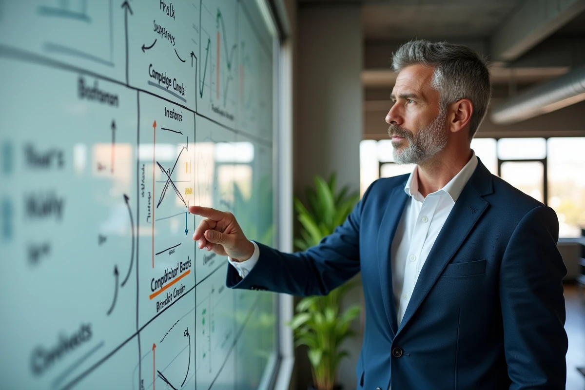 Analyste business étudiant une comparaison concurrentielle sur un tableau blanc dans un bureau moderne
