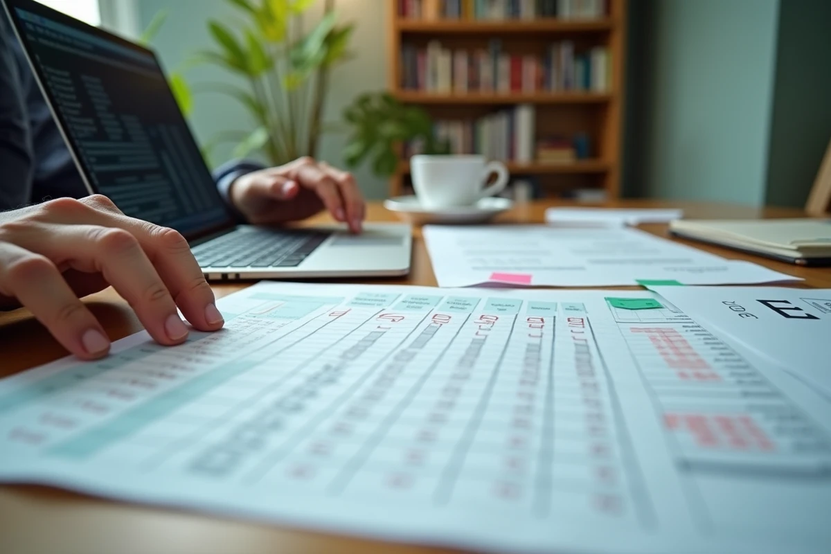 Mains d'un professionnel analysant des documents financiers liés à une indemnité de fin de CDD sur un bureau