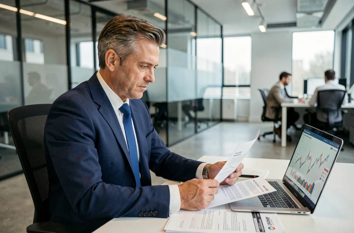 Un homme d'affaires analyste des documents financiers dans un bureau moderne, illustrant l'évaluation d'une opportunité d'investissement