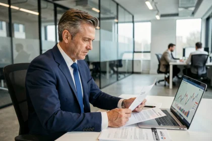 Un homme d'affaires analyste des documents financiers dans un bureau moderne, illustrant l'évaluation d'une opportunité d'investissement