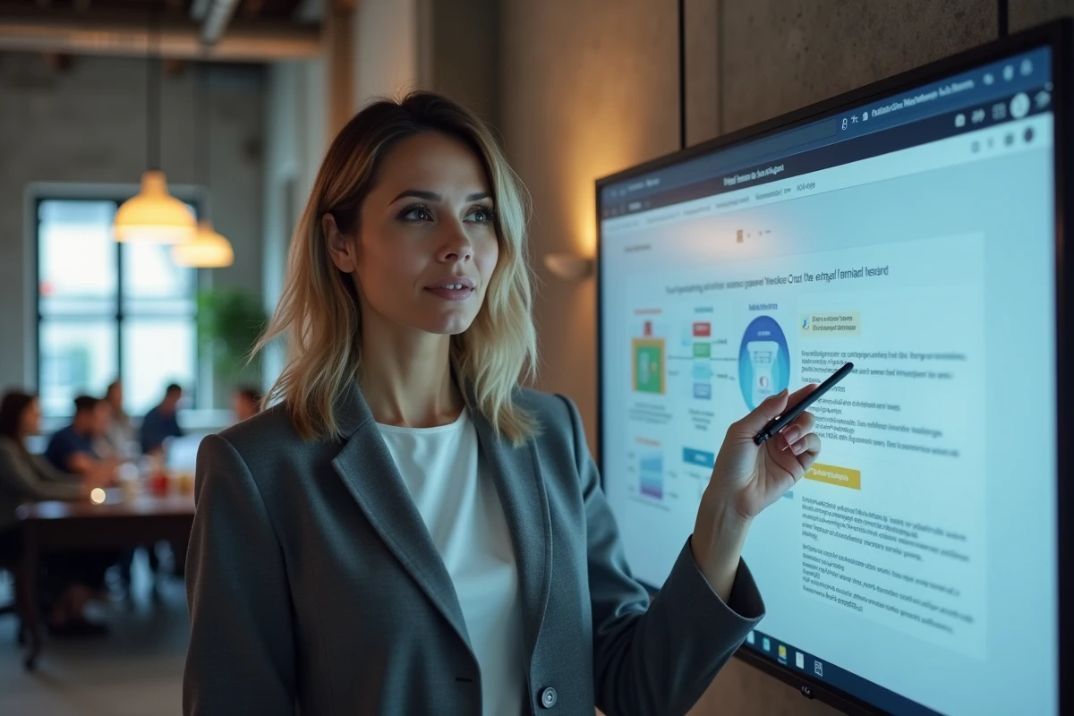 Femme d'affaires analysant un tunnel de vente sur un écran dans un espace de coworking lors d'une réflexion sur la migration vers Systeme.io
