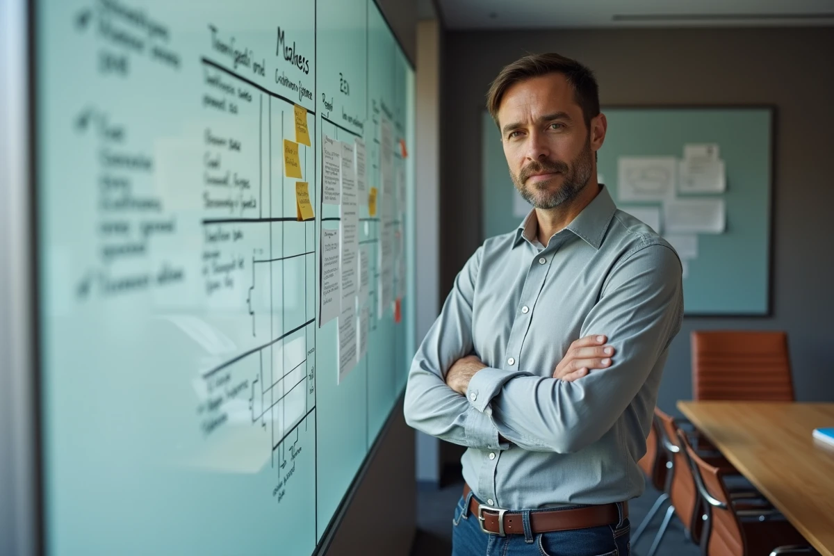 Analyste B2B debout devant un tableau blanc avec des notes de veille concurrentielle lors d'une réunion stratégique
