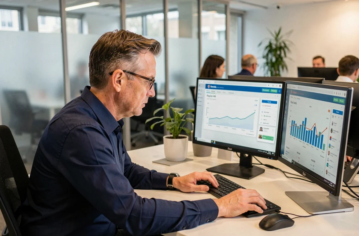 Analyste métier comparant un PGI GTA et un outil classique de gestion des temps sur deux écrans en entreprise