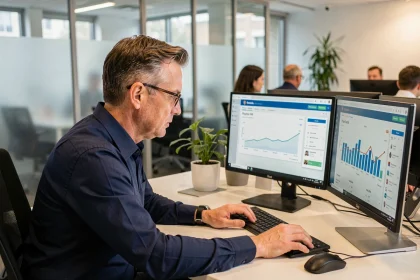 Analyste métier comparant un PGI GTA et un outil classique de gestion des temps sur deux écrans en entreprise