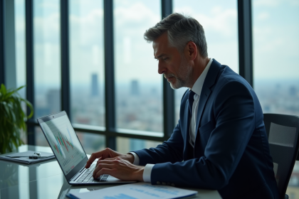 Analyste financier en costume à Paris avec graphiques boursiers