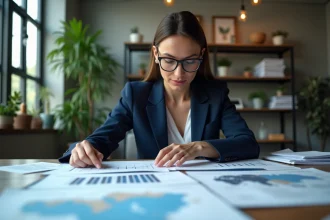 Analyste économique étudiant des indicateurs territoriaux sur des graphiques imprimés dans un bureau moderne