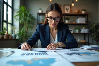 Analyste économique étudiant des indicateurs territoriaux sur des graphiques imprimés dans un bureau moderne