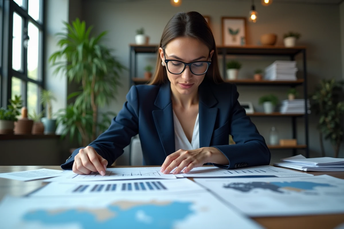 Analyste économique étudiant des indicateurs territoriaux sur des graphiques imprimés dans un bureau moderne