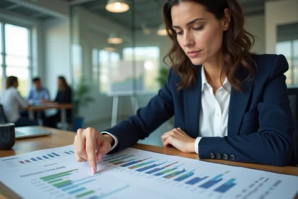 Femme analyste en blazer marine examinant un tableau de bord de gestion avec des indicateurs CA OP dans un bureau moderne
