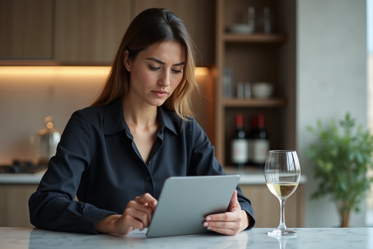 Une femme utilisant une application de gestion de cave à vin sur tablette dans une cuisine moderne