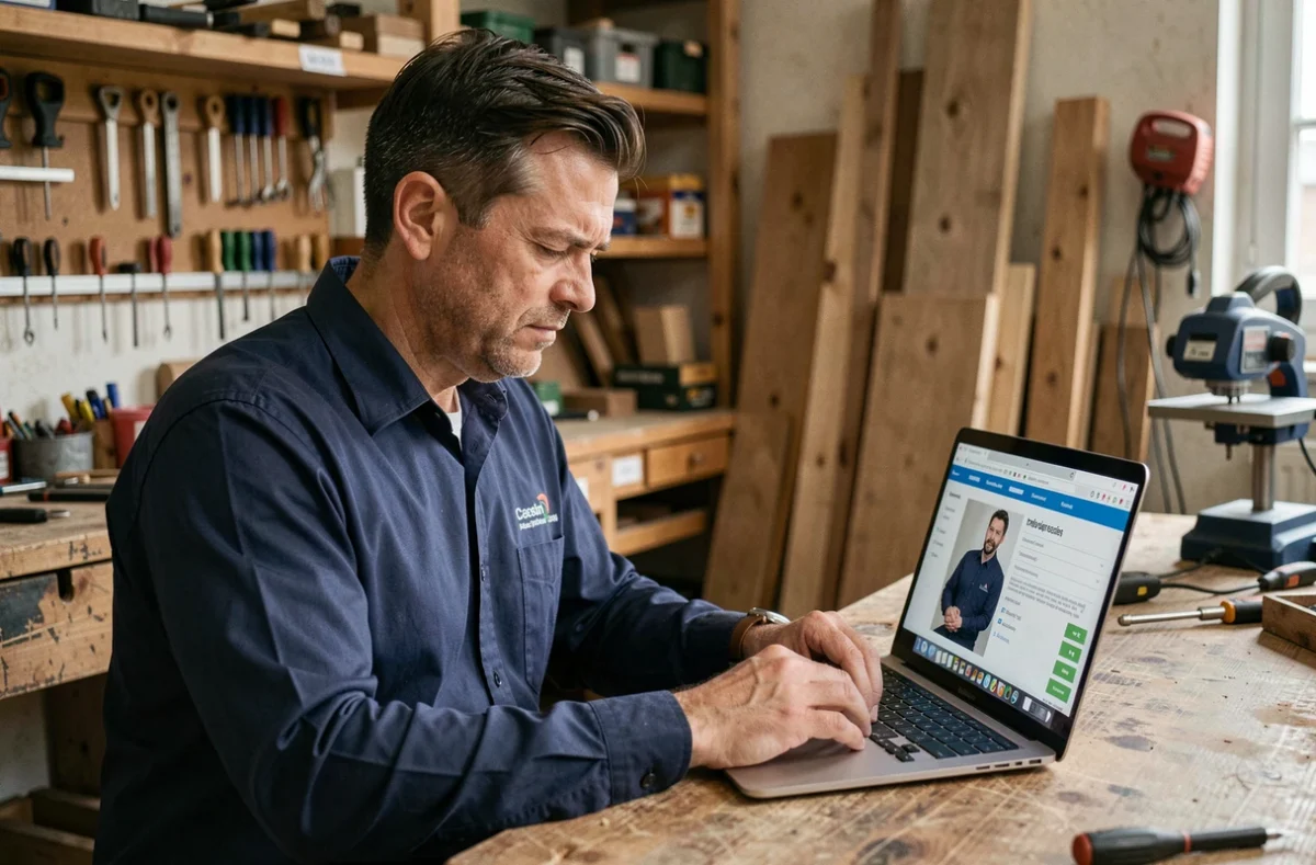 Artisan masculin créant son profil en ligne sur un ordinateur portable dans son atelier de travail en 2026