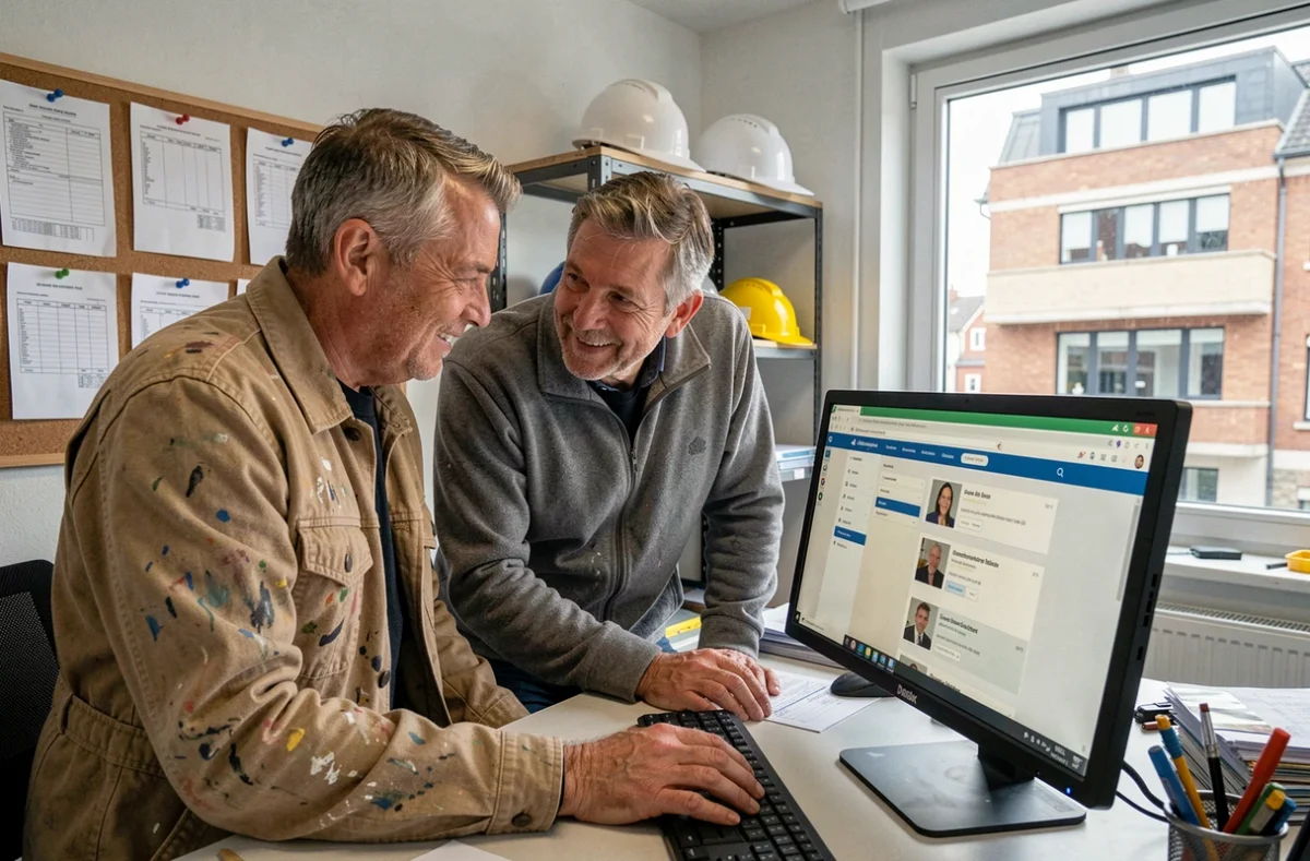 Deux artisans du bâtiment consultant ensemble une plateforme de profil professionnel en ligne dans leur bureau de chantier