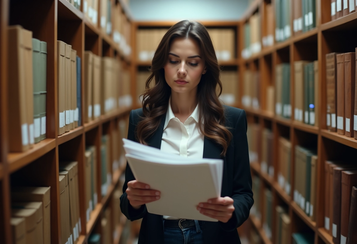 Jeune assistante juridique examinant des papiers dans une archive