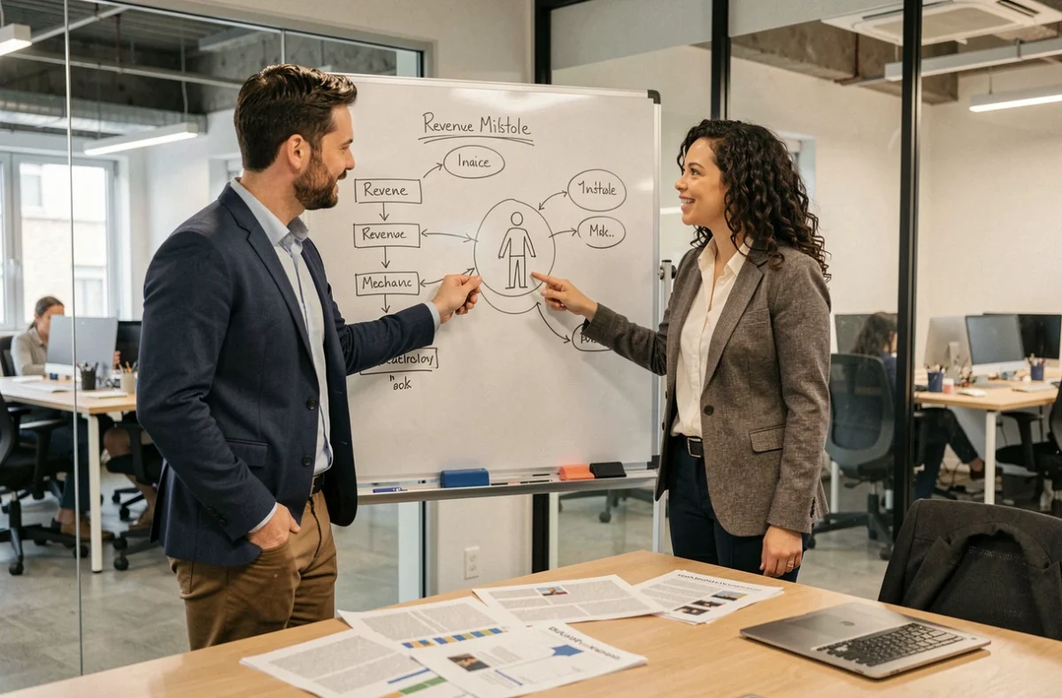 Deux associés discutant d'une stratégie de monétisation devant un tableau blanc dans une salle de réunion de startup