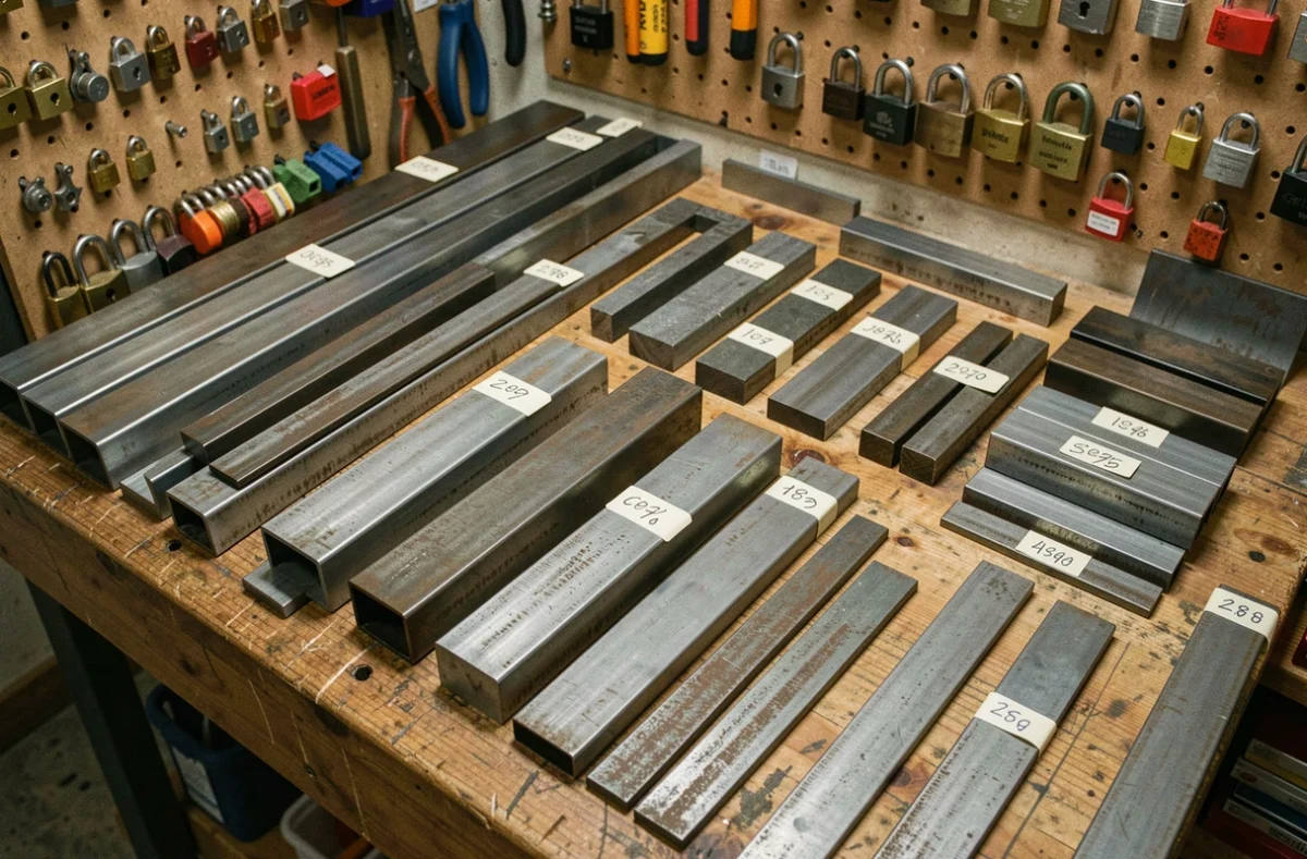 Assortiment de profilés en fer et acier exposés en vente au détail pour serruriers et métalliers