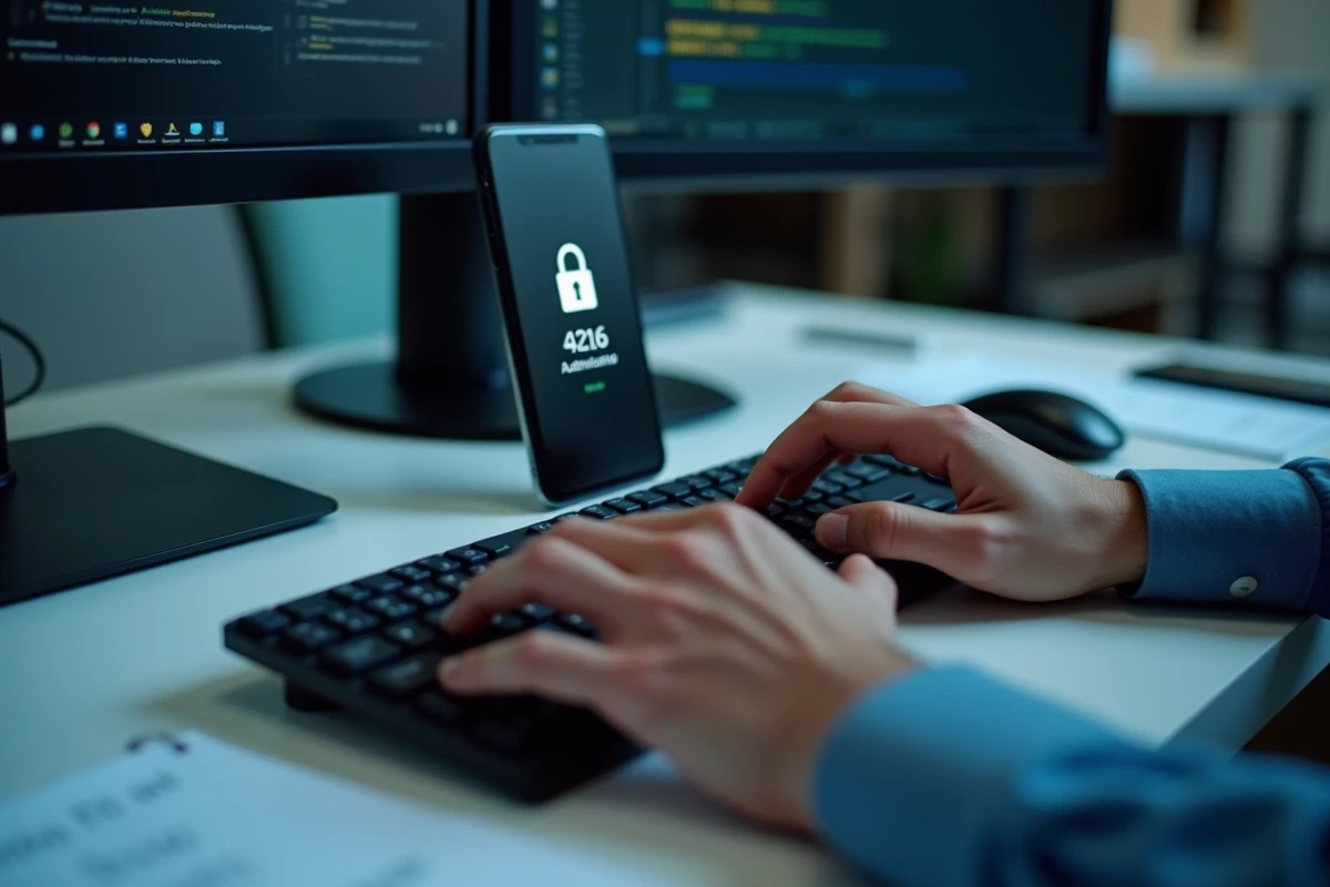 Mains tapant un mot de passe sur un clavier avec authentification à deux facteurs pour sécuriser un compte Octime
