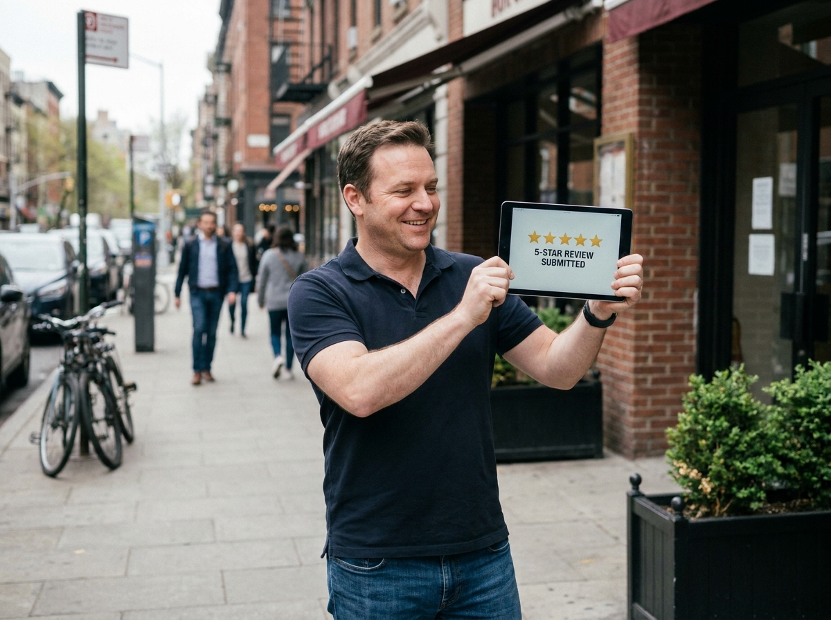 Homme satisfait déposant un avis cinq étoiles en ligne sur tablette dans une rue commerçante, stratégie marketing client