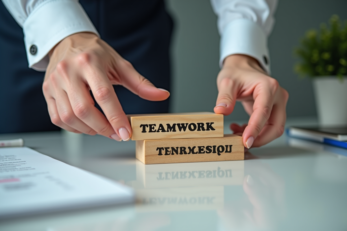 Mains posant des blocs avec valeurs et leadership