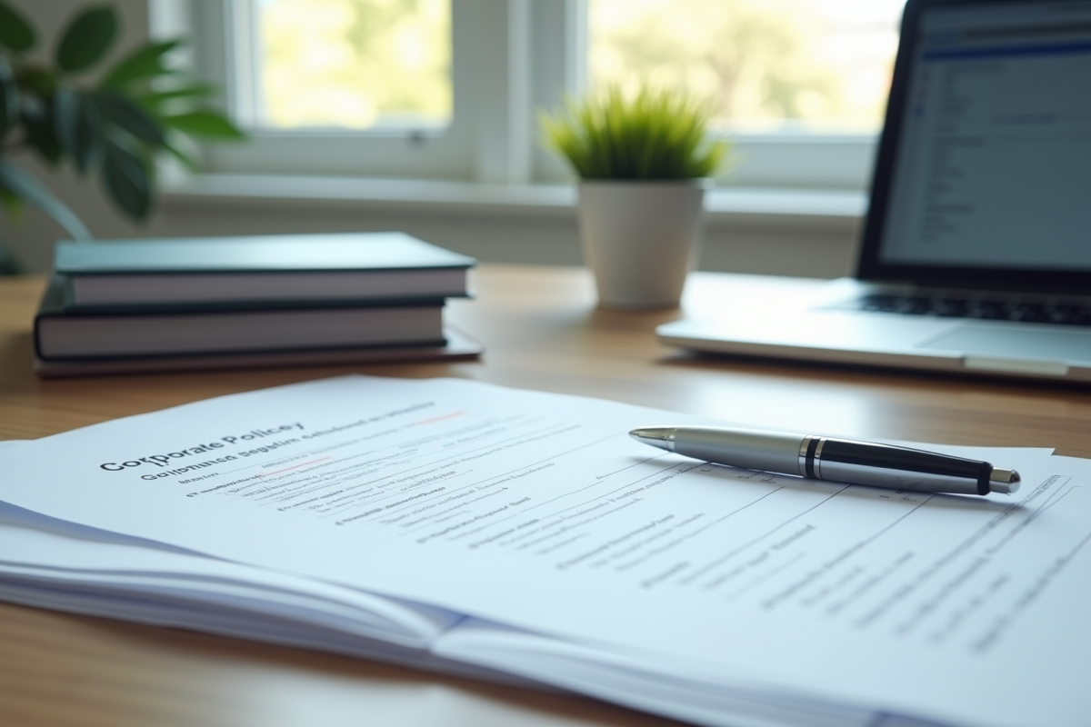 Bureau avec documents politiques et ordinateur portable
