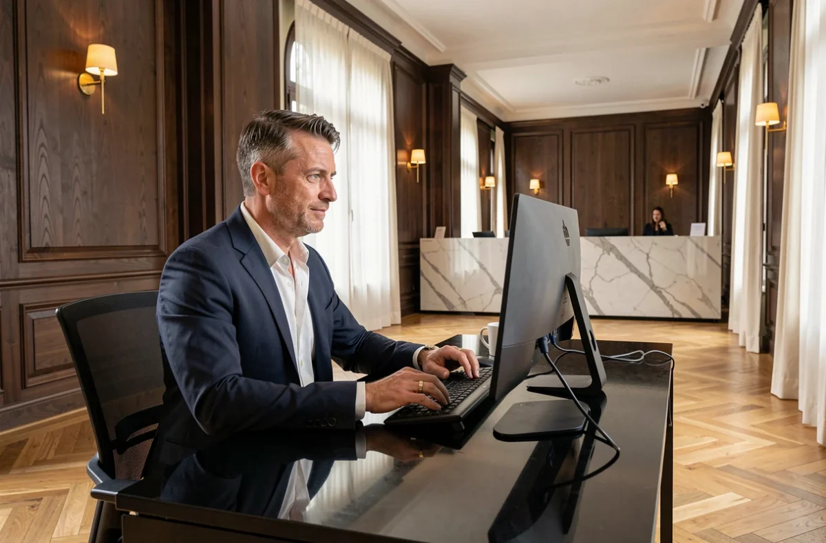 Bureaux&Co Le César à Montpellier dans un cadre élégant avec mobilier haut de gamme et boiseries sombres