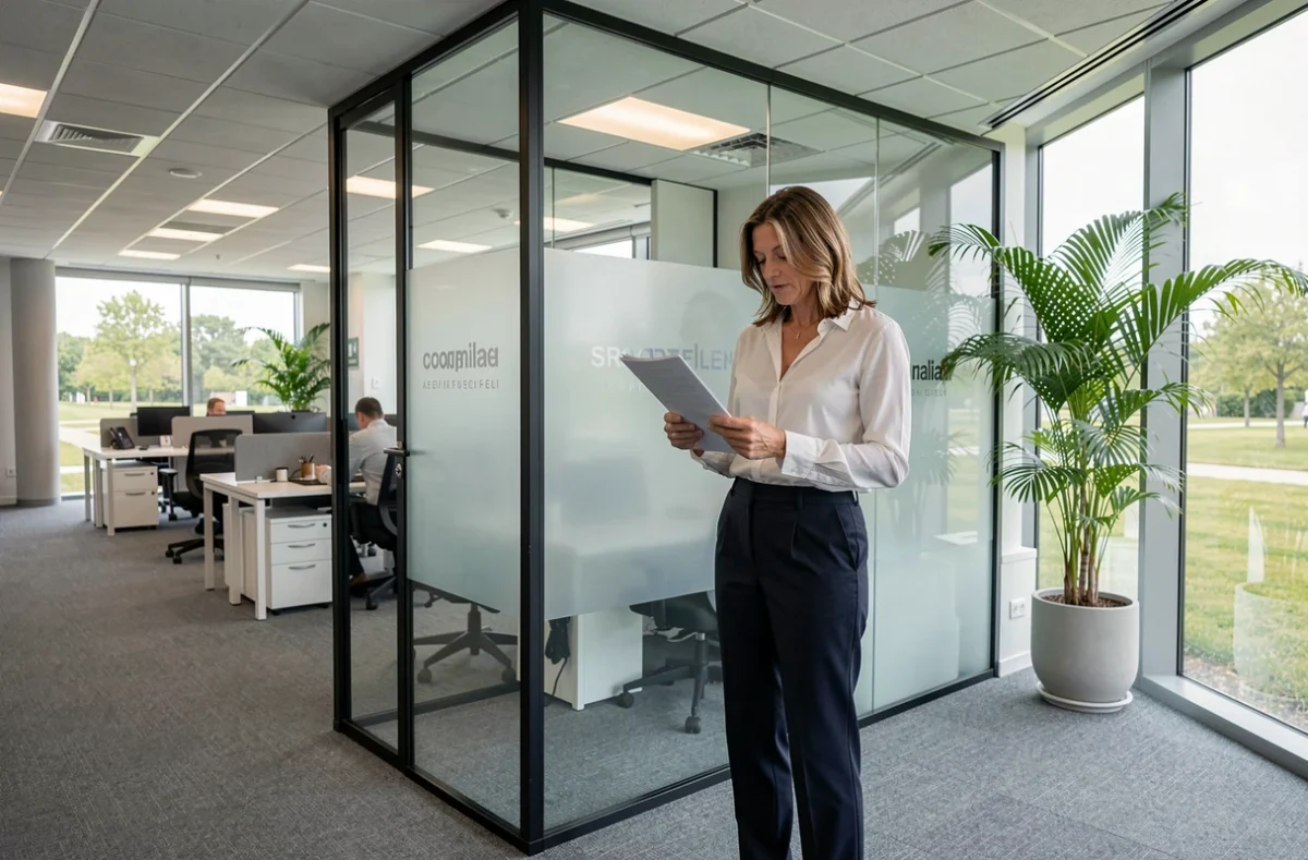 Bureaux&Co Parc 2000 à Montpellier avec une professionnelle dans un bureau vitré au sein d'un centre d'affaires moderne