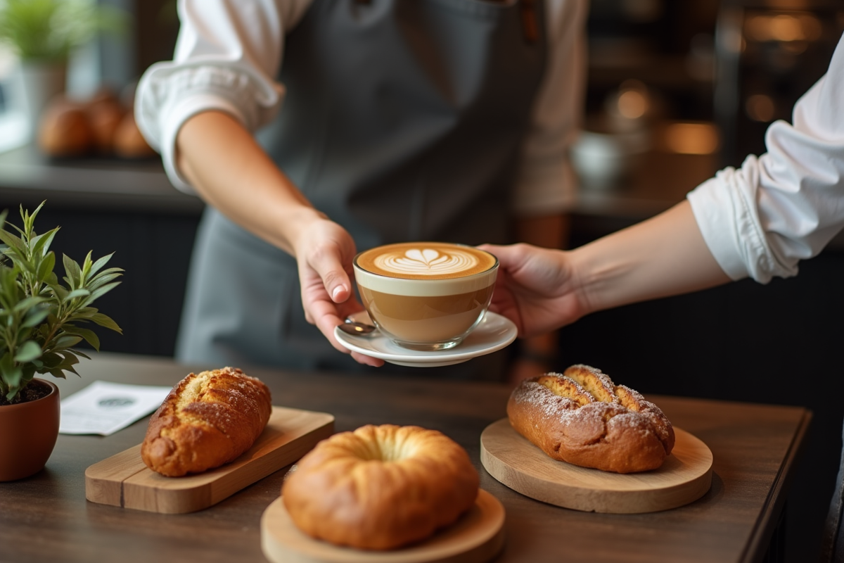 Barista servant un café avec pâtisseries dans un café