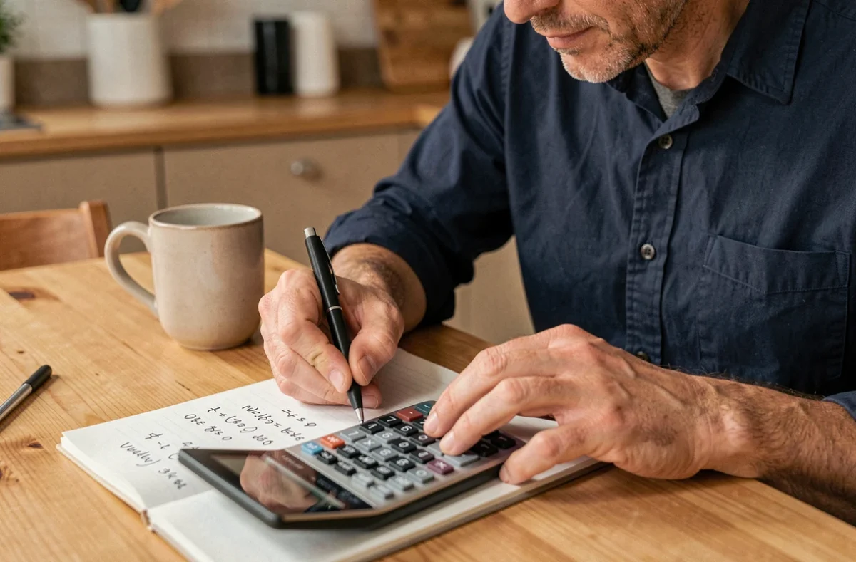 Homme calculant le nombre d'heures d'un contrat à mi-temps sur un bloc-notes avec une calculatrice à la maison