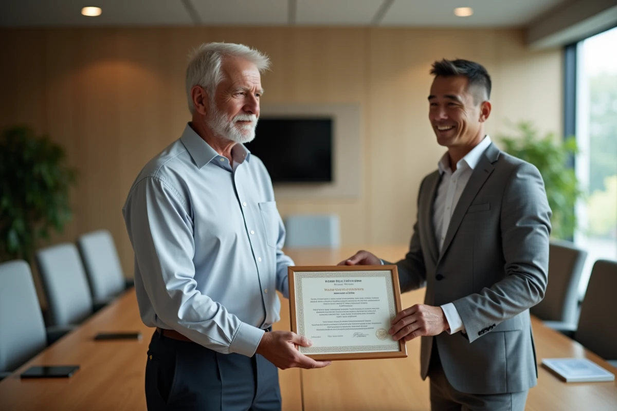 Cérémonie de remise de certificat de médaille du travail entre collègues dans une salle de conférence