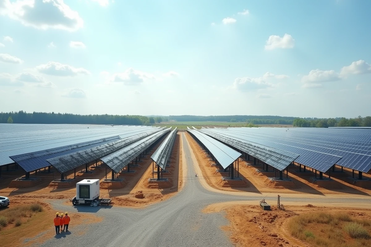 Chantier de centrale solaire au sol en construction avec des rangées de panneaux photovoltaïques et des ouvriers, projet d'énergie renouvelable SYLVIDRA ENERGY 2026