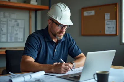 Chef de chantier consultant un devis numérique sur ordinateur portable dans un bureau de chantier BTP