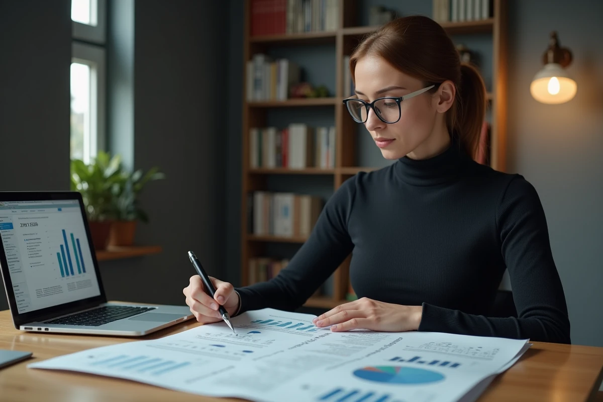 Cheffe de produit analysant seule une matrice comparative de concurrents dans un bureau à domicile