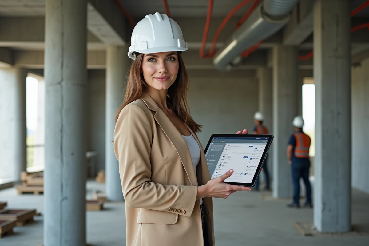 Cheffe de projet sur chantier consultant un tableau de bord d'achats numériques pour réduire les coûts avec Select Sonepar
