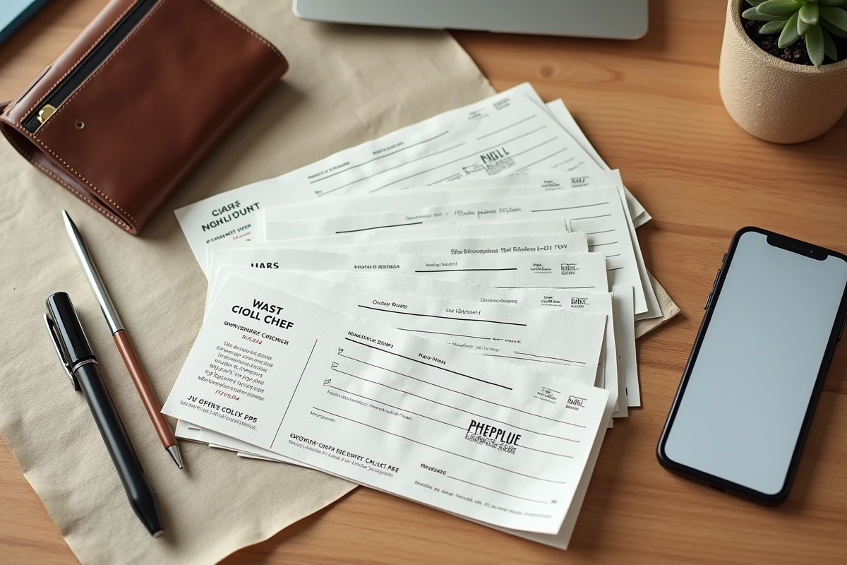 Vue du dessus de chèques Shopping Pass et bons d'achat étalés sur un bureau en bois avec portefeuille et smartphone