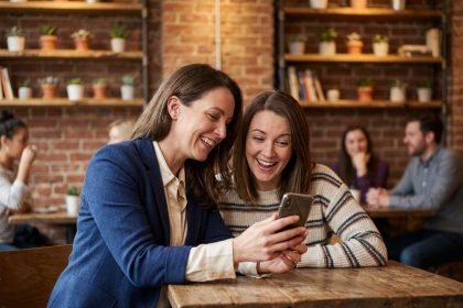 Deux femmes dans un café partageant une recommandation de produit sur smartphone, illustration du bouche-à-oreille client