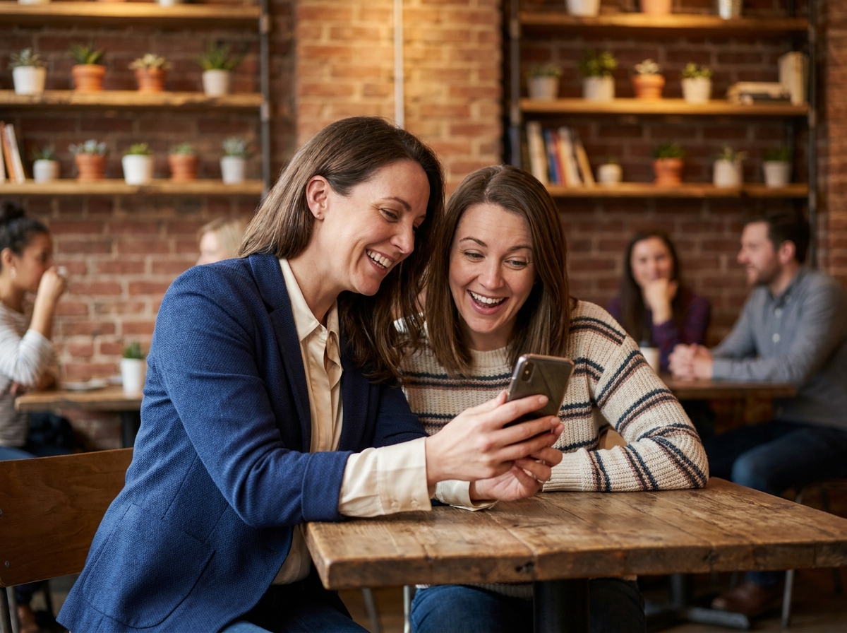 Deux femmes dans un café partageant une recommandation de produit sur smartphone, illustration du bouche-à-oreille client