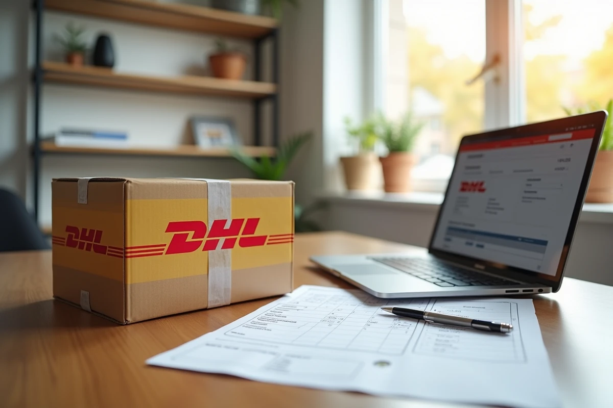 Colis DHL pos&eacute; sur un bureau &agrave; domicile avec facture imprim&eacute;e et comparatif de tarifs pour &eacute;conomiser sur les frais d'envoi