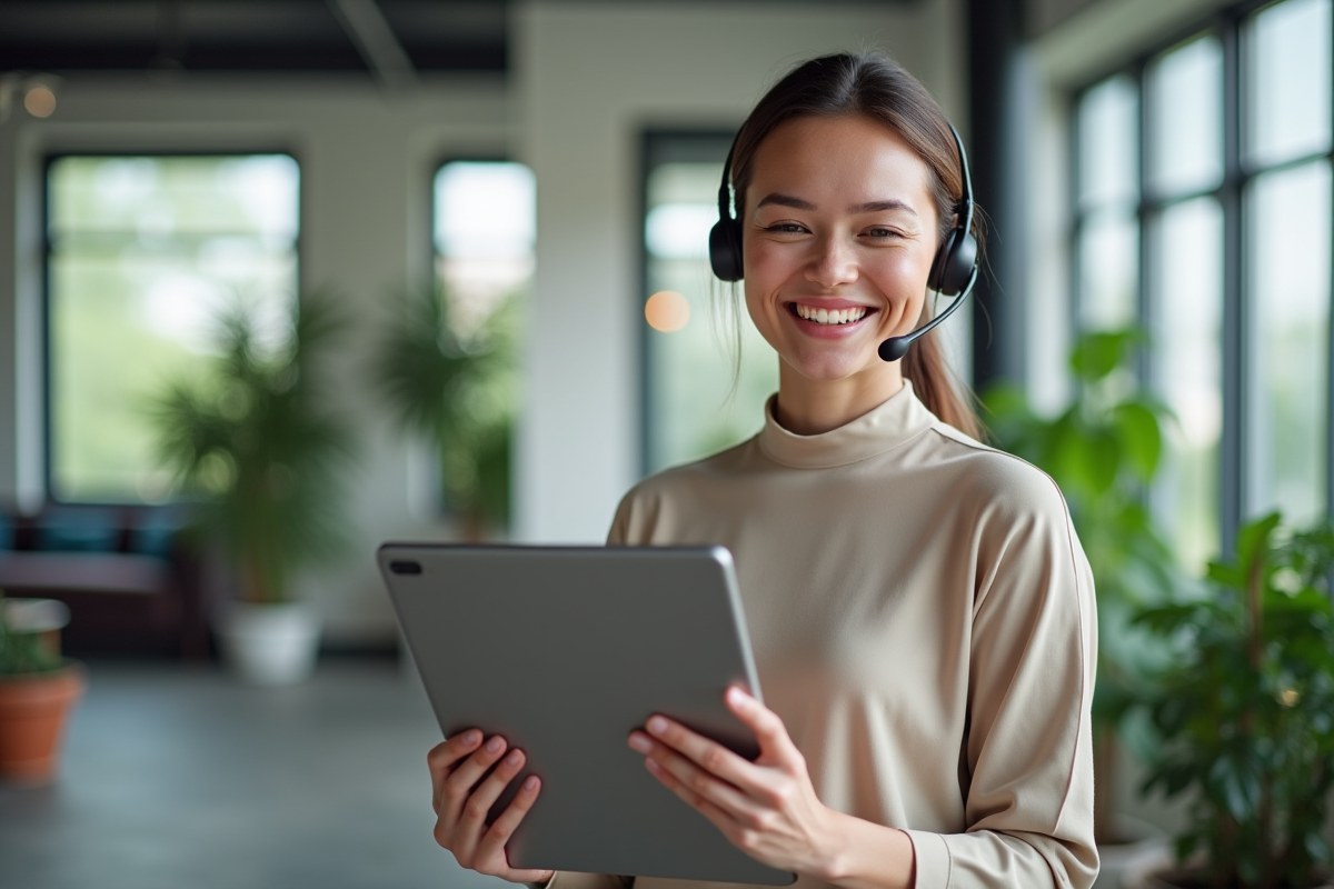 Employé souriant discutant avec un client en visioconference