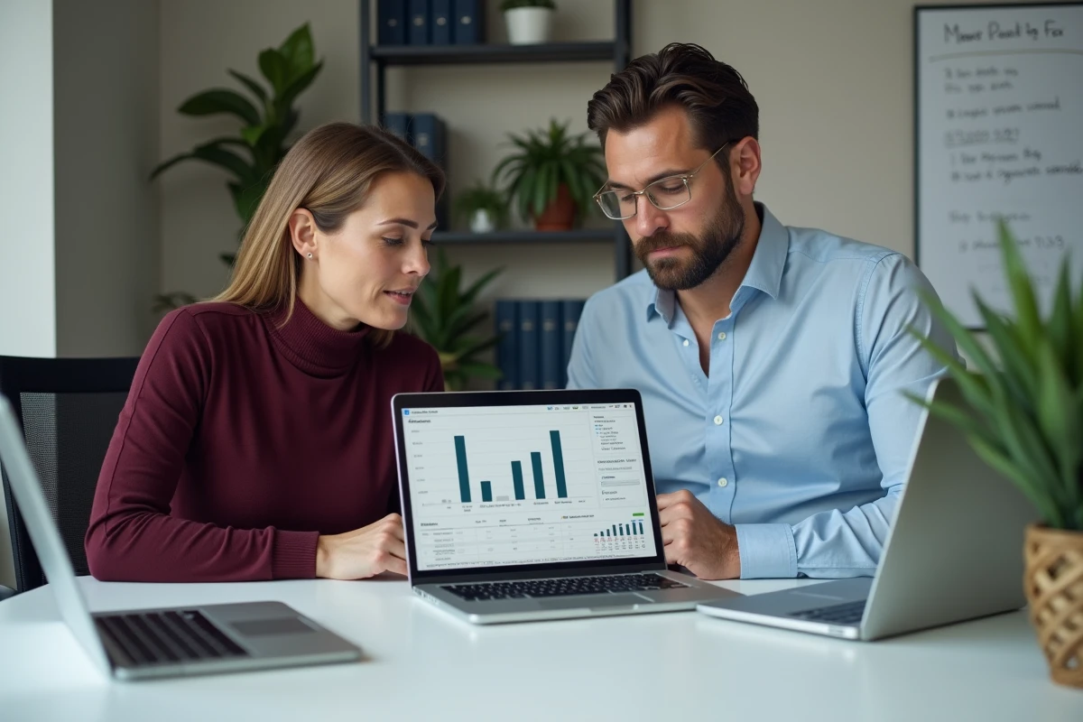 Deux collaborateurs analysant ensemble un tableau de bord financier avec les données de chiffre d'affaires et de résultat opérationnel