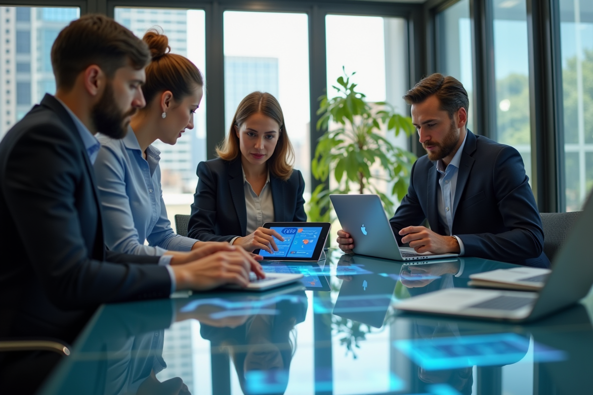 Professionnels collaborant autour d une table avec outils digitaux