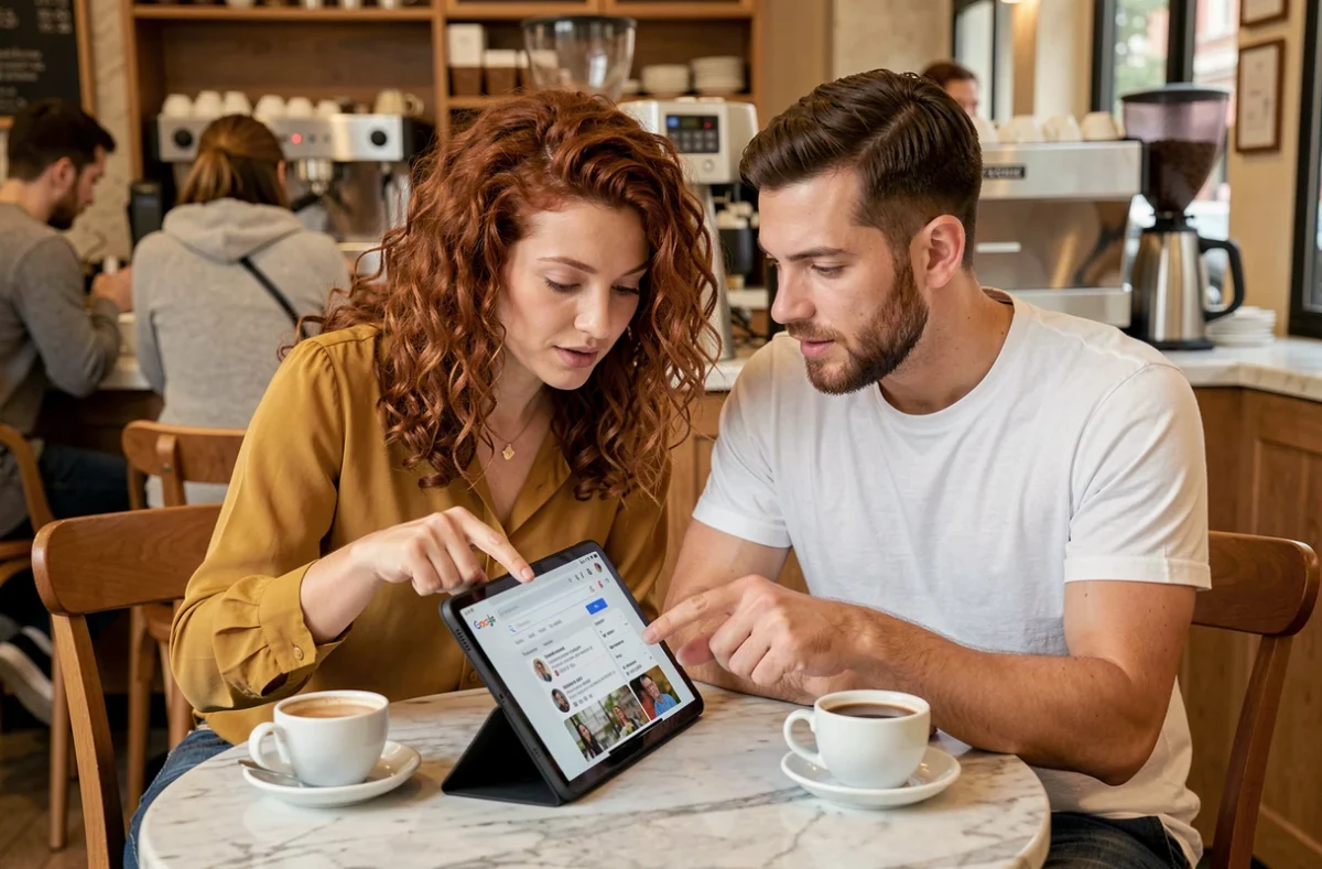 Deux collègues dans un café discutant et analysant des résultats Google et des profils de réseaux sociaux sur une tablette