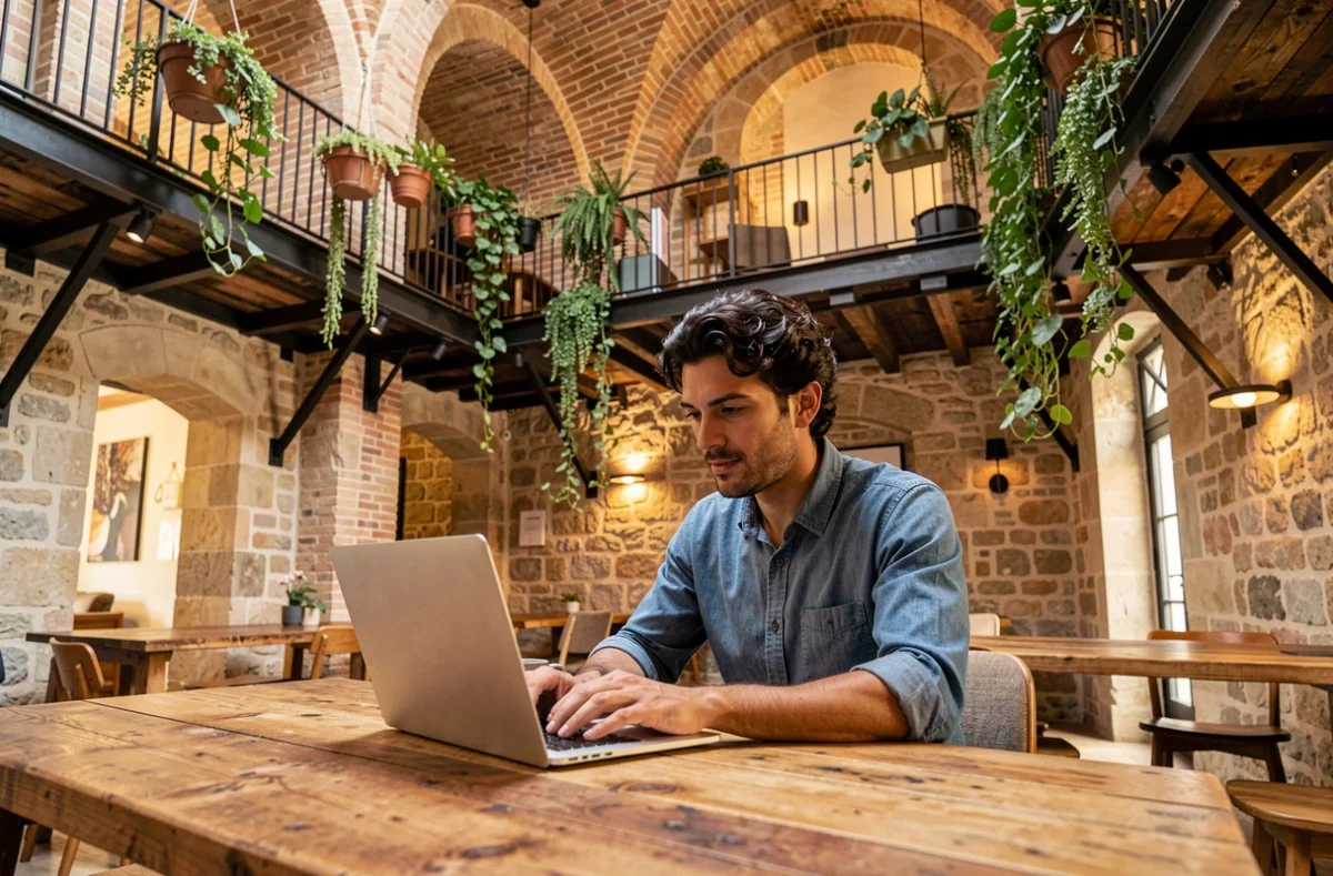 Espace Come'N'Work Aiguillerie à Montpellier dans un cadre historique avec murs en pierre et poutres apparentes